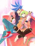  2boys 302 barefoot blue_eyes blue_hair casual cat couch denim eyes_visible_through_hair faux_traditional_media galo_thymos green_hair highres indian_style jeans lio_fotia multiple_boys pants promare shirt sidelocks sitting spiky_hair t-shirt torn_clothes torn_pants violet_eyes wristband 