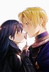  1boy 1girl bangs blonde_hair blue_eyes blue_hair blush byleth_(fire_emblem) byleth_eisner_(female) dimitri_alexandre_blaiddyd eye_contact fire_emblem fire_emblem:_three_houses from_side garreg_mach_monastery_uniform hair_between_eyes height_difference hetero highres holding holding_spoon long_hair looking_at_another profile puckered_lips simple_background sparkle spoon sumirou-kun upper_body white_background 