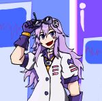  1girl alternate_costume arm_up commentary d-pad d-pad_hair_ornament dress english_commentary gloves goggles goggles_on_head hair_between_eyes hair_ornament long_hair looking_at_viewer necktie nepgear neptune_(series) open_mouth purple_gloves purple_hair radio_antenna redesign ro-beto(artist) self_upload shirt short_sleeves smile solo upper_body violet_eyes white_dress yellow_necktie 