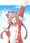  alternate_costume animal_ears arm_up blush breasts brown_hair clenched_hand closed_eyes clouds cloudy_sky commentary_request hair_ornament hairclip hat highres horse_ears jacket jersey matikane_tannhauser_(umamusume) medium_breasts medium_hair open_mouth sky track_jacket track_suit umamusume yukikemuri 