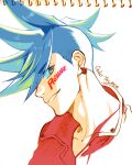  1boy 302 blue_eyes blue_hair body_writing copyright_name earrings eyes_visible_through_hair facepaint galo_thymos grin highres jewelry male_focus mixed_media profile promare sidecut smile solo spiky_hair 