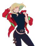  1boy 302 black_gloves blonde_hair earrings firefighter_jacket gloves green_hair half_gloves highres jacket jewelry leather leather_pants lio_fotia male_focus off_shoulder pants partially_undressed promare red_jacket short_sleeves sidelocks solo turtleneck violet_eyes 