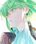  1boy 302 ascot crystal_hair earrings galo_thymos green_hair highres jacket jewelry leather leather_jacket lio_fotia male_focus portrait promare short_hair solo violet_eyes 