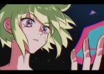  1boy 302 anime_coloring blue_fire chromatic_aberration fake_screenshot fire green_hair letterboxed lio_fotia male_focus promare purple_fire pyrokinesis solo subtitled topless_male vhs_artifacts violet_eyes 