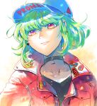  1boy 302 baseball_cap choker colored_eyelashes green_hair hat highres jacket lio_fotia male_focus promare red_jacket smile solo violet_eyes 