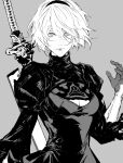  1girl absurdres black_dress breasts cleavage_cutout clothing_cutout dress gloves greyscale hair_between_eyes hairband highres katana large_breasts long_bangs looking_at_viewer mole mole_under_mouth monochrome nier_(series) nier_automata nishiii26miii short_hair solo sword upper_body weapon weapon_on_back yorha_no._2_type_b 
