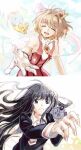  absurdres cardcaptor_sakura closed_eyes daidouji_tomoyo hands highres kero kinomoto_sakura koyomania magical_girl school_uniform teeth tomoeda_elementary_school_uniform video_camera violet_eyes wings 