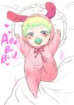  1boy 302 age_regression animal_ears baby crib green_hair highres lio_fotia male_focus onesie pacifier promare rabbit_ears solo violet_eyes younger 