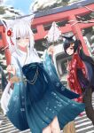  2girls absurdres animal_ear_fluff animal_ears bangs black_legwear blue_kimono blush braid broom commentary_request eyebrows_visible_through_hair floral_print fox_ears fox_girl fox_tail gohei hair_between_eyes hair_ornament hairclip highres holding holding_broom hololive japanese_clothes kimono kimono_skirt long_hair looking_at_viewer miyakoshin053 multiple_girls one_eye_closed ookami_mio open_mouth outdoors pantyhose pentagram ponytail red_kimono shirakami_fubuki sidelocks single_braid smile stairs tail tail_around_leg torii virtual_youtuber white_kimono wolf_ears wolf_girl wolf_tail 