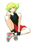  1boy 302 black_gloves clothes_around_waist gloves green_hair half_gloves highres leg_hold lio_fotia male_focus promare shirt shirt_around_waist shoes sidelocks sitting sneakers solo violet_eyes 