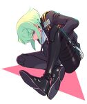  1boy 302 anime_coloring ascot biker_clothes black_gloves black_jacket gloves green_hair highres jacket leather leather_pants lio_fotia male_focus pants promare sidelocks sitting solo violet_eyes 