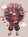  1girl animal_ears brown_hair chinese_clothes dongbaegsi grey_eyes heterochromia highres long_hair looking_at_viewer lord_of_heroes mei_ling_qiao pale_skin polearm rabbit_ears rabbit_girl red_eyes solo talisman traditional_clothes weapon 