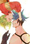  2boys 302 black_gloves blue_hair colored_eyelashes cradling_head earrings eyes_visible_through_hair galo_thymos gloves green_hair half_gloves highres jewelry lio_fotia male_focus multiple_boys promare upside-down violet_eyes 