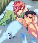  2boys aqua_eyes bed black_hair green_eyes jojo_no_kimyou_na_bouken kakyoin_noriaki kujo_jotaro less_end lying male_focus multiple_boys on_side pajamas pillow poking redhead scar scar_across_eye sleeveless star_(symbol) star_print tank_top under_covers 