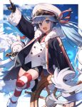  1girl :d animal arm_up azit_(down) binoculars black_footwear black_gloves black_jacket black_necktie black_shorts blue_eyes blue_hair boots clothed_animal collared_shirt commentary crab day fur-trimmed_boots fur-trimmed_jacket fur-trimmed_sleeves fur_trim gloves hat hatsune_miku highres index_finger_raised jacket long_hair looking_at_viewer military military_uniform naval_uniform necktie open_clothes open_jacket outstretched_arm peaked_cap pointing rabbit rabbit_yukine red_shirt ship&#039;s_wheel shirt short_eyebrows short_shorts shorts smile standing standing_on_one_leg striped striped_legwear thick_eyebrows thigh-highs thighhighs_under_boots twintails uniform v-shaped_eyebrows very_long_hair vest vocaloid white_headwear white_vest yuki_miku yuki_miku_(2022) 
