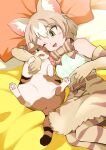  1girl ;3 animal animal_ear_fluff animal_ears animal_print arm_up armpit_crease armpit_peek bangs bare_shoulders bed belt blonde_hair blush_stickers bow bowtie brown_belt brown_bow cat cat_(kemono_friends) cat_day cat_ears cat_girl creature_and_personification elbow_gloves extra_ears eyebrows_visible_through_hair eyes_visible_through_hair feet_out_of_frame gloves hair_between_eyes hand_up high-waist_skirt indoors iy17uumxac1lrxd kemono_friends looking_at_animal looking_to_the_side lying multicolored_hair on_bed on_side one_eye_closed open_mouth pillow print_bow print_bowtie print_gloves print_legwear print_skirt shirt shirt_tucked_in short_hair skirt sleeveless sleeveless_shirt striped striped_bow striped_bowtie striped_legwear two-tone_hair white_shirt yellow_eyes 