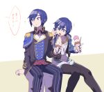  2boys ameiro_pk blue_eyes blue_hair dual_persona eating food food_theft ice_cream jacket kaito_(vocaloid) long_sleeves male_focus multiple_boys open_mouth project_sekai simple_background vocaloid 