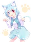  1girl animal_ear_fluff animal_ears bangs blue_eyes blue_hair blue_skirt blue_vest cat_day cat_ears cat_tail clenched_hands closed_mouth cowboy_shot eyebrows_visible_through_hair heterochromia highres juliet_sleeves long_sleeves looking_at_viewer paw_print puffy_sleeves red_eyes saisyuusensi shirt short_hair skirt smile solo standing tail tatara_kogasa tongue tongue_out touhou vest white_background white_shirt 