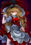  1girl apron black_background black_bow blonde_hair bow cowboy_shot dress frills hair_bow hat highres kirisame_marisa long_hair looking_at_viewer puffy_short_sleeves puffy_sleeves red_dress red_eyes red_headwear short_sleeves solo touhou touhou_lost_word vivo_(vivo_sun_0222) white_sleeves witch_hat witch_of_scarlet_dreams 