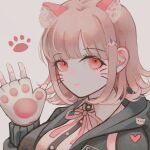  1girl animal_ear_fluff animal_ears backpack bag bangs black_shirt blunt_bangs cat_day cat_ears cat_girl closed_mouth danganronpa_(series) danganronpa_2:_goodbye_despair dress_shirt eyebrows_visible_through_hair facial_mark fingerless_gloves galaga gloves hair_ornament hand_up heart highres hood hood_down hooded_jacket jacket medium_hair nanami_chiaki neck_ribbon open_clothes open_jacket pink_ribbon ribbon shirt smile whisker_markings white_shirt wny_(wnys_art) 