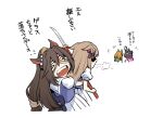  4girls alternate_hair_length alternate_hairstyle brown_hair commentary ear_covers ears_back el_condor_pasa_(umamusume) from_behind grabbing grabbing_from_behind grass_wonder_(umamusume) hibi_gakeppuchi holding holding_weapon horse_girl long_hair low-tied_long_hair mask multiple_girls polearm school_uniform shaded_face short_hair silence_suzuka_(umamusume) skirt smoke_from_mouth special_week_(umamusume) tracen_school_uniform translation_request umamusume uniform weapon white_background 