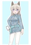  1girl animal_ears blonde_hair blue_background blue_jacket blush border breasts contrapposto dog_ears eila_ilmatar_juutilainen hand_on_hip jacket long_hair medium_breasts open_mouth pantyhose solo strike_witches uniform violet_eyes white_border white_legwear world_witches_series yama_dango 