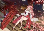  1girl absurdres animal_ears bangs bare_shoulders blush breasts detached_sleeves fox_ears genshin_impact hair_ornament highres japanese_clothes jewelry kimono large_breasts long_hair looking_at_viewer necklace pendant pink_hair red_skirt ryuuneart sidelocks skirt sleeveless sleeveless_kimono thighs very_long_hair violet_eyes white_kimono wide_sleeves yae_miko 