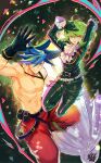  2boys 302 black_gloves black_jacket blue_fire blue_hair detached_sleeves earrings fire galo_thymos gloves green_hair half_gloves highres jacket jewelry lio_fotia male_focus matoi multiple_boys pink_fire promare purple_fire pyrokinesis single_detached_sleeve spiky_hair violet_eyes 