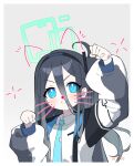 1girl arisu_(blue_archive) black_hair black_hairband black_jacket blue_archive blue_eyes blue_necktie blush border closed_mouth collared_shirt dated drawn_ears drawn_wings face_filter hair_between_eyes hairband halo jacket long_bangs long_hair long_sleeves looking_at_viewer mei_mu multicolored_clothes multicolored_jacket necktie one_side_up open_clothes open_jacket paw_pose shirt simple_background smile solo tie_clip upper_body white_jacket white_shirt 