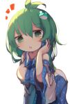  1girl ahoge alternate_hair_length alternate_hairstyle bangs bent_over chii_(tsumami_tsumamare) collared_shirt cowboy_shot detached_sleeves eyebrows_visible_through_hair frog_hair_ornament green_eyes green_hair hair_ornament highres kochiya_sanae looking_at_viewer medium_hair nontraditional_miko open_mouth shirt simple_background solo standing touhou white_background white_shirt wide_sleeves 