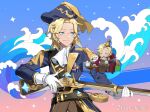  2girls artist_request bianca_devicci blonde_hair blue_eyes chibi freckles gloves gun hat highres holding holding_weapon looking_to_the_side lord_of_heroes multiple_girls pale_skin pirate pirate_costume pirate_hat rifle rosanna_devicci second-party_source water waves weapon 