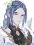  1boy androgynous blue_hair grey_eyes hair_ornament kuzuvine looking_at_viewer lord_of_heroes pale_skin rouin_(lord_of_heroes) short_ponytail sketch white_background 