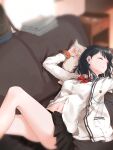  1girl backpack bag bangs bare_legs black_hair black_skirt blanket blurry blurry_background bow bowtie cardigan closed_eyes collarbone collared_shirt commentary_request couch drawer dress_shirt earphones gridman_universe highres keroroxzz long_hair long_sleeves lying navel on_back orange_scrunchie pillow pleated_skirt red_bow red_bowtie red_ribbon ribbon school_uniform scrunchie shirt skirt sleeping ssss.gridman straight_hair sweater takarada_rikka thighs uniform white_cardigan white_shirt white_sweater wrist_scrunchie 