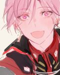  1boy blush earrings heart heart-shaped_pupils jewelry joshua_levinth kuzuvine looking_at_viewer lord_of_heroes pale_skin pink_eyes pink_hair smile symbol-shaped_pupils white_background 