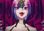  1girl bangs bare_shoulders blood bob_cut collarbone eyelashes fangs fate/grand_order fate_(series) headpiece highres horns looking_at_viewer nail_polish oni oni_horns open_mouth purple_hair san_(harutuki_3) short_eyebrows short_hair shuten_douji_(fate) skin-covered_horns smile solo violet_eyes 