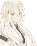  1girl elf green_eyes hair_ornament hairclip kuzuvine long_hair looking_at_viewer lord_of_heroes necktie olivia_pavlichenko pale_skin pointy_ears shirt solo tsundere white_hair 