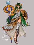  1girl bangs bare_shoulders bracelet breasts choker commission commissioner_upload dress green_eyes green_hair grey_background high_heels holding holding_staff jewelry kid_icarus kid_icarus_uprising long_hair necklace palutena parted_bangs pendant shield side_slit signature single_thighhigh sleeveless sleeveless_dress smile solo staff strapless strapless_dress thigh-highs tsu_moni tsumoni very_long_hair white_dress white_legwear 