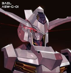  absurdres brayanong999 brown_background character_name commission english_commentary glowing glowing_eye gundam gundam_bael gundam_tekketsu_no_orphans highres mecha mobile_suit no_humans portrait red_eyes solo v-fin 