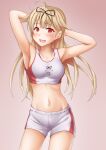  1girl alternate_costume anti_(untea9) crop_top gym_shorts gym_uniform highres short_shorts shorts solo sportswear white_shorts yuudachi_(kancolle) yuudachi_kai_ni_(kancolle) 