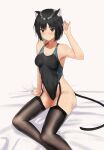  1girl absurdres amagami animal_ears armpits black_eyes black_hair black_legwear black_swimsuit bob_cut cat_day cat_ears cat_tail commentary_request competition_swimsuit feet_out_of_frame garter_straps highleg highleg_swimsuit highres nanasaki_ai one-piece_swimsuit short_hair sitting solo swimsuit tail thigh-highs ykh1028 