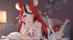  1girl :3 absurdres animal_ears barefoot black_hair blue_eyes blurry blurry_background blush bow clothes_writing feet hakos_baelz head_rest highres hololive hololive_english light_blush long_hair looking_at_viewer lying mouse_ears mouse_tail multicolored_hair off_shoulder on_bed on_stomach pillow redhead ribbon shirt smile solo tail tail_bow tail_ornament taitan the_pose tongue tongue_out virtual_youtuber white_hair white_shirt 