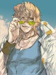  1boy animal_ears arknights artist_name bishounen blonde_hair blue_eyes blue_shirt blue_sky clouds dog_boy dog_ears dog_tags highres male_focus one_eye_closed pikopikoe shirt short_hair sky solo sunglasses tequila_(arknights) tinted_eyewear toned upper_body 