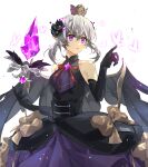  1girl absurdres blonde_hair bob_cut bug butterfly charlotte_grace crown dress elf gem gloves gothic_lolita highres lolita_fashion looking_to_the_side lord_of_heroes narugrm pale_skin pointy_ears sleeveless violet_eyes white_background wings 