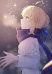  1girl ahoge artoria_pendragon_(fate) blonde_hair blue_coat blue_ribbon blue_scarf braid braided_bun coat fate/stay_night fate_(series) from_side green_eyes hair_ribbon highres looking_up machi_futo parted_lips profile ribbon saber scarf shiny shiny_hair short_hair solo upper_body winter_clothes winter_coat 