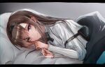  1girl arknights bed_sheet black_hairband black_ribbon blanket blush bright_pupils brown_hair closed_mouth gradient gradient_background grey_background grey_sweater hairband highres kaguura_(kagu) long_hair looking_at_viewer lying neck_ribbon on_bed on_side pouch priestess_(arknights) ribbon smile solo sweater under_covers upper_body violet_eyes 