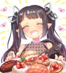  1girl :d bangs black_hair black_jacket black_shirt blunt_bangs blush breasts cake closed_eyes commentary_request demon_girl demon_horns eyebrows_visible_through_hair food fruit heart heart_print horns jacket jewelry kojo_anna kuzuhana long_hair medium_breasts mochi multicolored_hair off_shoulder open_clothes open_jacket open_mouth pastry plate pointy_ears print_shirt profiterole purple_hair ring see-through_shirt shirt sleeveless sleeveless_shirt smile solo sparkle strawberry sugar_lyric transparent_background twintails two-tone_hair upper_body virtual_youtuber whipped_cream zipper 