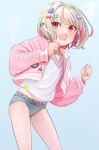  1girl blonde_hair blue_background bob_cut discord_logo fang gengar grey_hair grey_panties hair_ornament hairpin highres jacket long_sleeves makaino_ririmu multicolored_hair nijisanji no_pants open_clothes open_jacket panties pink_jacket pointy_ears red_eyes sabamen shirt short_hair skin_fang smile streaked_hair two-tone_hair underwear v-neck virtual_youtuber white_shirt 