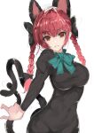  1girl animal_ears bad_anatomy bangs black_bow black_dress blunt_bangs blush bow braid breasts cat_ears cat_tail contrapposto covered_navel cowboy_shot dress eyebrows_visible_through_hair hair_bow hair_ribbon itsudatte_8ban juliet_sleeves kaenbyou_rin large_breasts long_hair long_sleeves looking_at_viewer multiple_tails nekomata one-hour_drawing_challenge parted_lips puffy_sleeves red_eyes redhead ribbon simple_background sketch smile solo tail teeth touhou tress_ribbon twin_braids twintails two_tails white_background 