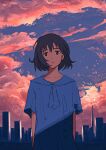  1girl absurdres bangs black_hair blue_eyes building city closed_mouth clouds commentary_request dress evening highres oka_kojiro10 original scenery shadow short_hair sky skyscraper smile solo upper_body 