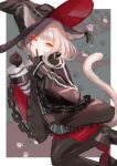  1girl animal_ears arknights black_footwear black_gloves black_headwear black_jacket black_legwear boots border brown_hair cat_ears cat_girl cat_tail chain ears_through_headwear gloves grey_shirt hands_up hat haze_(arknights) hemorina highres jacket looking_at_viewer open_clothes open_jacket orange_eyes outside_border pantyhose paw_print red_shorts shirt short_hair shorts sidelocks solo tail tongue tongue_out white_border witch_hat 